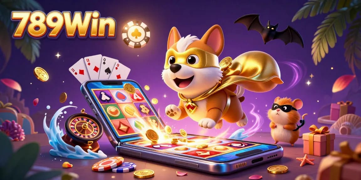 Experience excitement with 789Win as the superhero dog embraces thrilling casino rewards in this vibrant illustration.