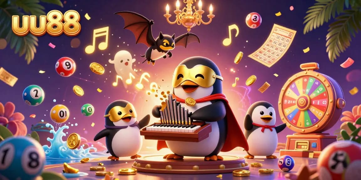 uu88 showcases a vibrant online casino scene with golden musical elements and dynamic game features.