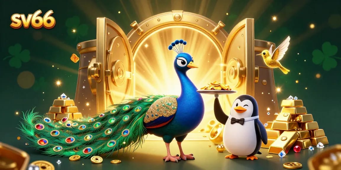 Experience the excitement of sv66 as the peacock flaunts its wealth amidst a vibrant casino backdrop.