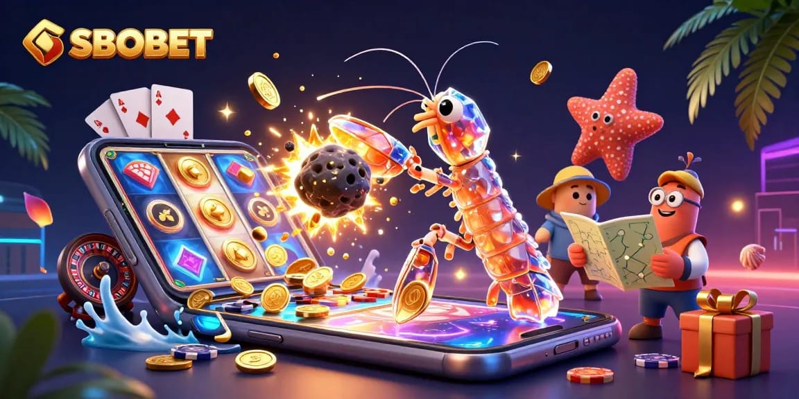 SBOBET players enjoying an exciting casino experience with golden coins and vibrant slot games.