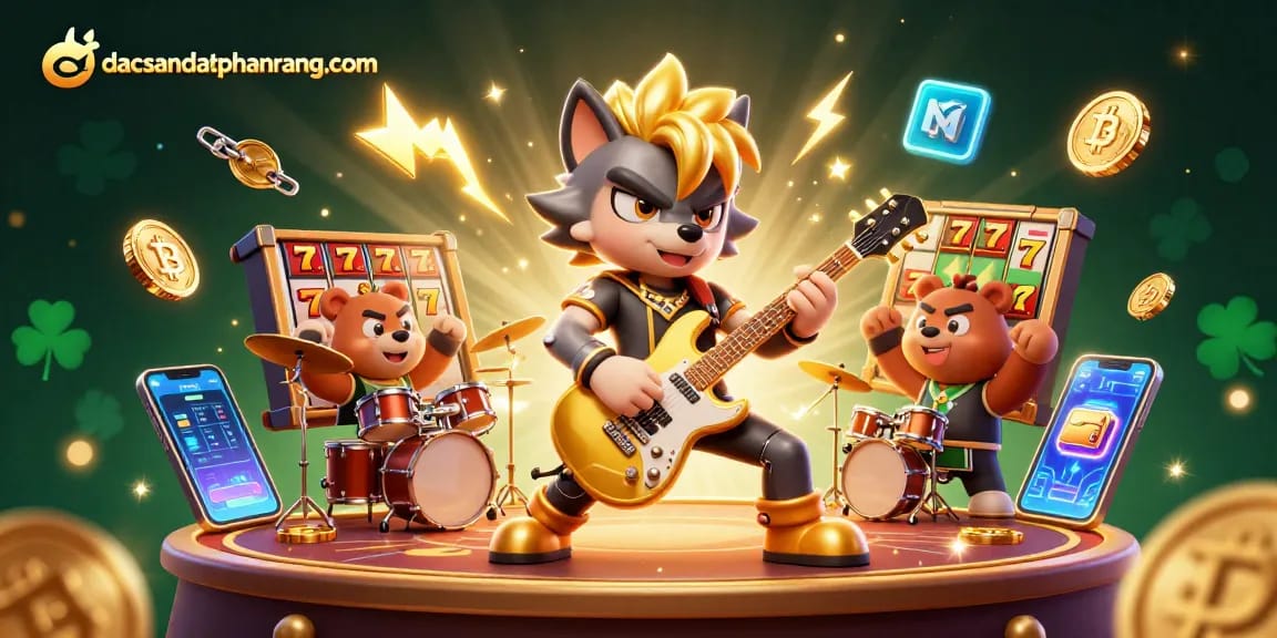 Win big with dacsandatphanrang com as a rock star wolf performs on a casino stage surrounded by vibrant gambling elements.