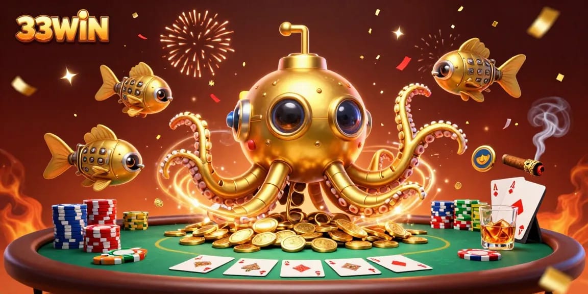 Experience the thrilling world of 33WIN with a vibrant 3D illustration highlighting poker action and ocean adventures.