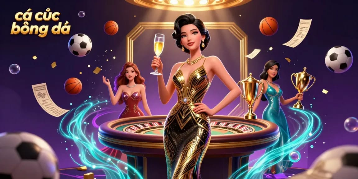 Cá cược bóng đá scene showcasing an elegant Asian woman celebrating a win with sports betting elements in 3D digital art.