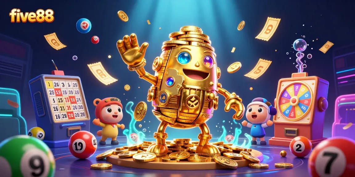 Engage with exciting five88 casino games featuring a golden golem and vibrant lottery elements.