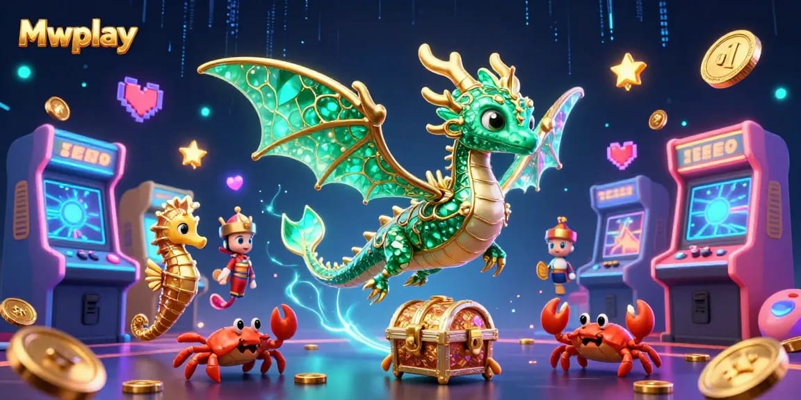 Experience Mwplay's vibrant online casino games alongside a majestic sea dragon in an immersive 3D illustration.
