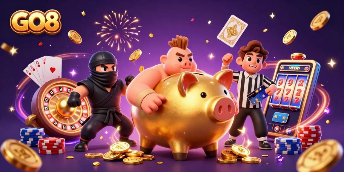 Experience gaming excitement with GO8 as dynamic characters battle amidst coins and vibrant casino elements.