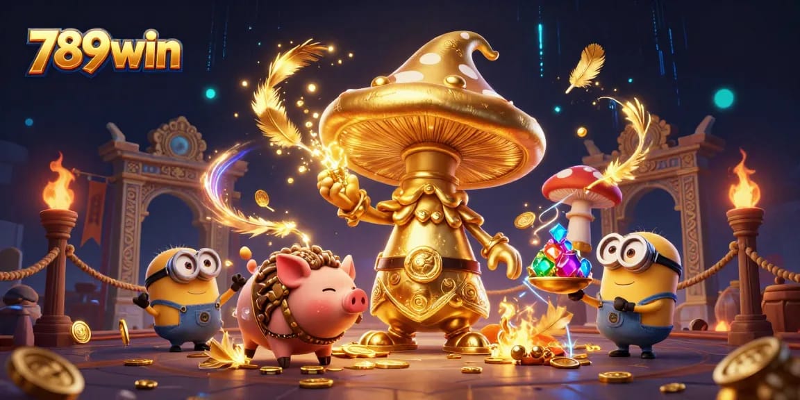 Engage in thrilling games at 789win with golden treasures swirling around in a vibrant casino scene.