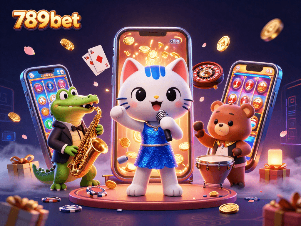 Win big with 789 bet featuring a vibrant casino scene with animated characters and dynamic gaming elements.