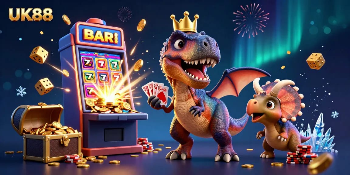 Experience thrilling wins with UK88 in a vibrant 3D casino scene featuring cartoon dinosaurs and a jackpot explosion.