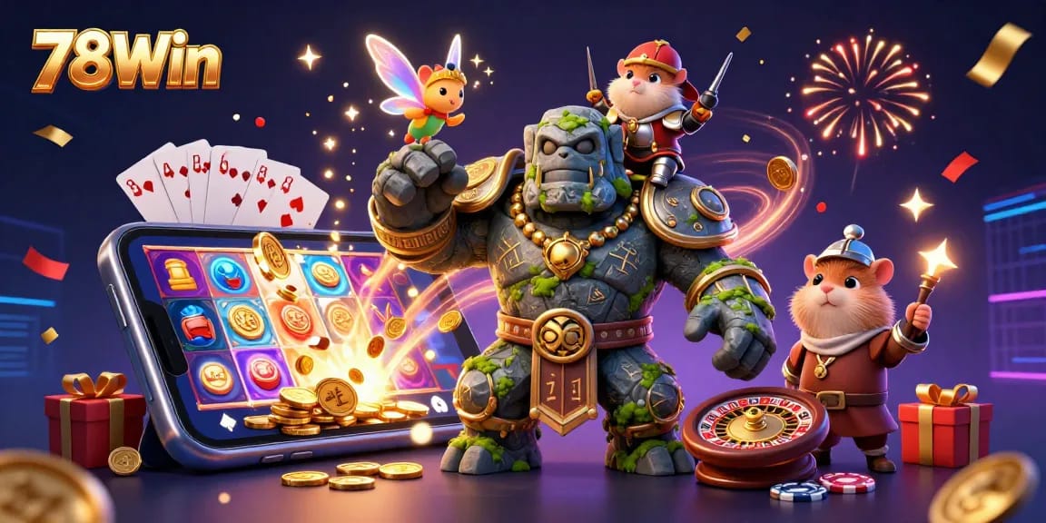 Experience the excitement of 78Win with a vivid scene featuring a magical guardian, fairy, and hamster knight.