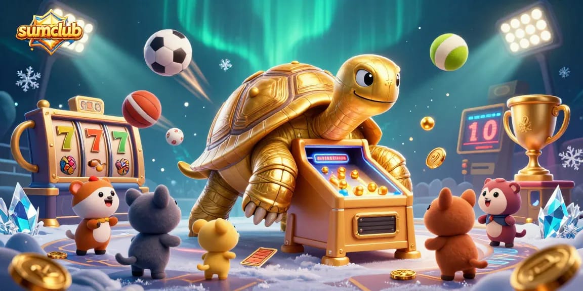 Experience the excitement at Sumclub with dynamic slot reels and colorful casino elements.