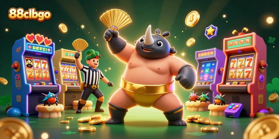 Join the excitement at 88clbgo with a vibrant 3D casino-themed illustration of a beetle sumo champion and arcade elements.