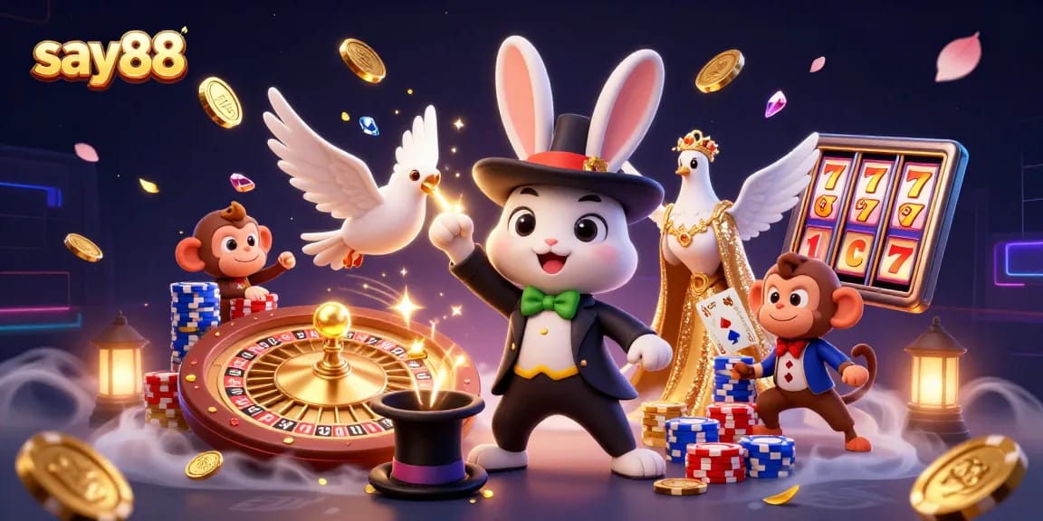 Win big with say88 as a magician rabbit pulls golden coins from a top hat amidst casino excitement.