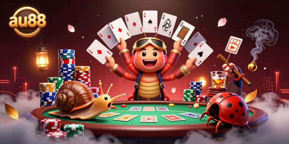 Experience the excitement at au88 with a lively casino scene featuring animated characters and poker elements.