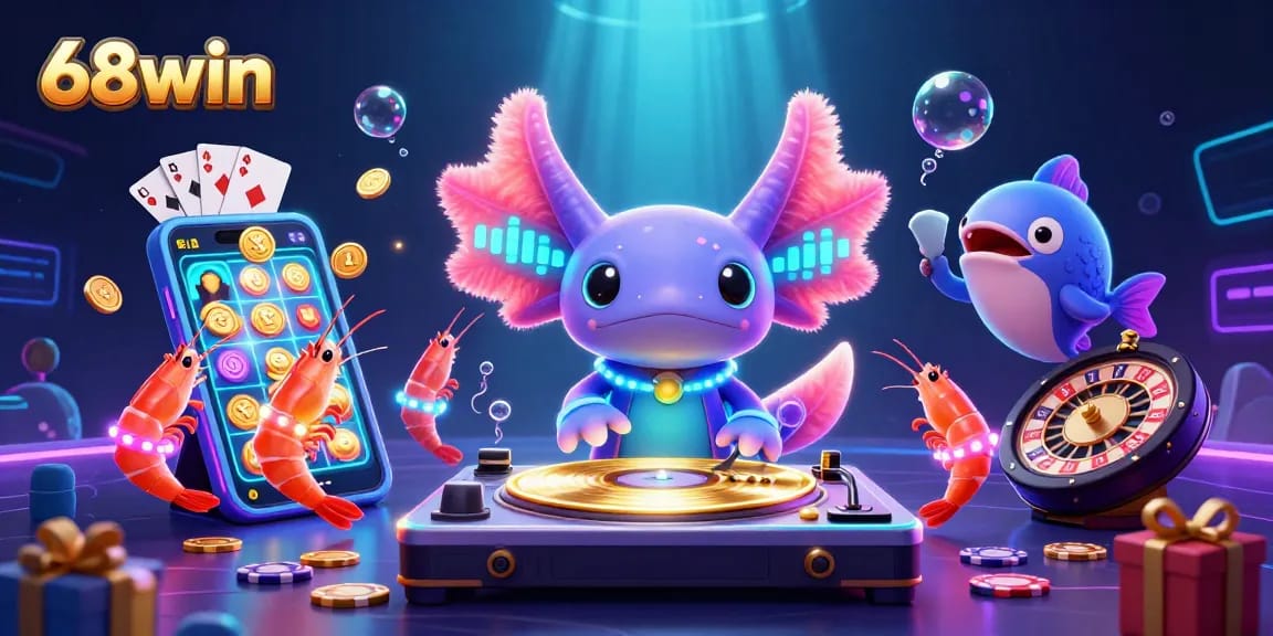 68win offers vibrant, immersive gaming entertainment featuring a neon axolotl DJ and dynamic casino visuals.
