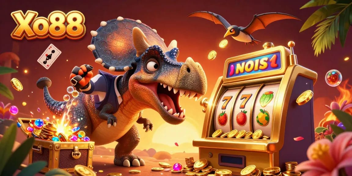 Xo88 jackpot excitement with a dinosaur smashing a slot machine amidst flying coins and vibrant game elements