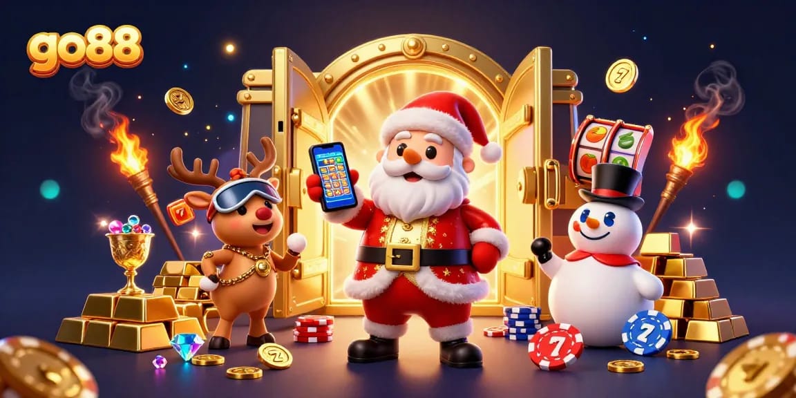 Experience go88's thrilling jackpot slots in this vibrant casino illustration with festive characters.