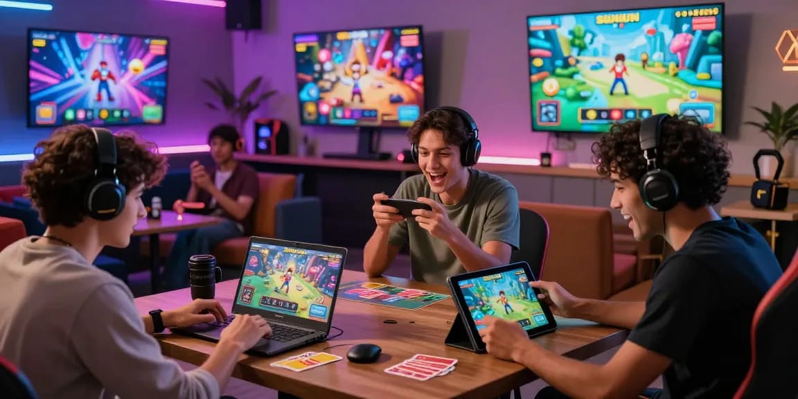Engaged gamers enjoying Sunwin's online gaming platform with vibrant graphics.