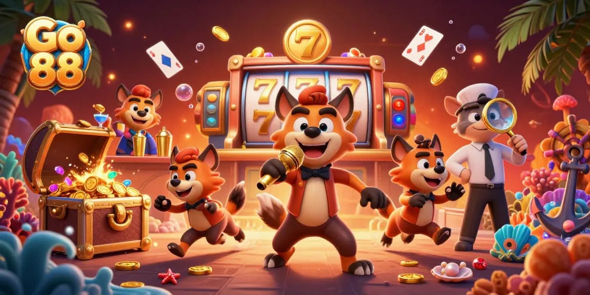 Engage in thrilling slot games with Go 88's vibrant comedy casino scene featuring hyenas!