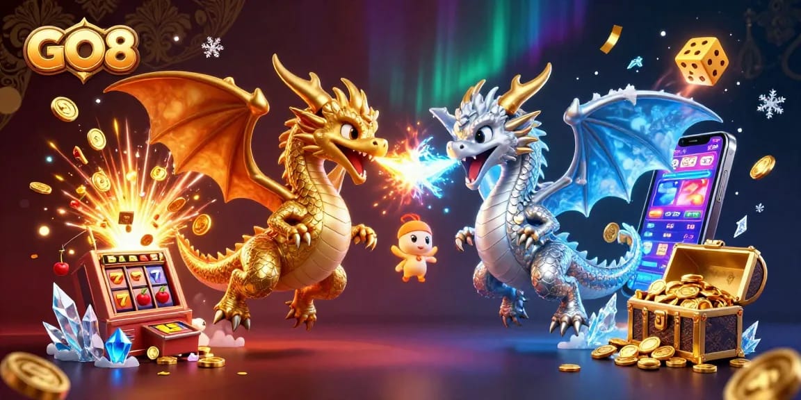 Experience thrilling gameplay at GO8 with a dynamic casino scene featuring magical dragons and vibrant slot machines.