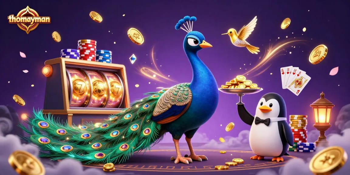 Win big with thomayman at the vibrant online slot game featuring a peacock, penguin, and hummingbird.