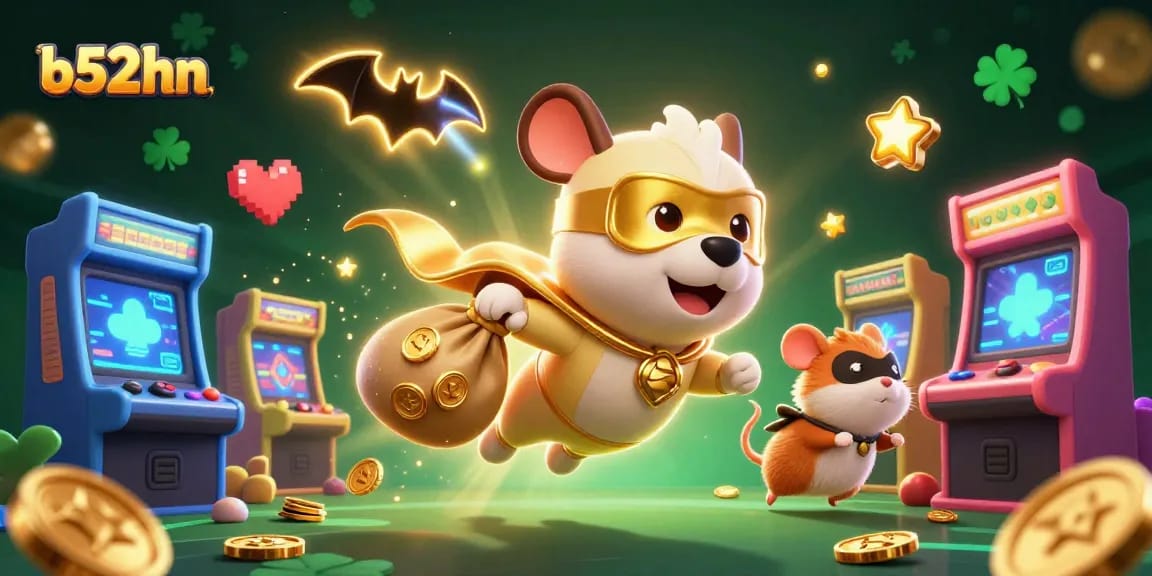 Experience thrilling wins with b52hn featuring a superhero dog and rich casino elements in a vibrant illustration.