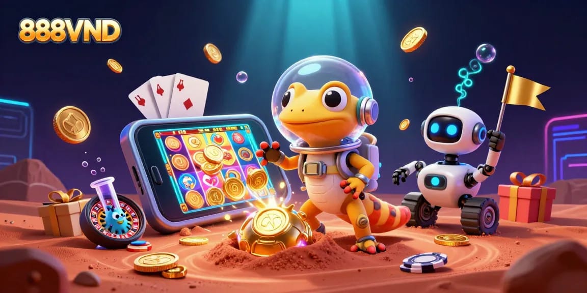 Engage in thrilling 888VND adventures with a Martian gecko discovering a golden casino.
