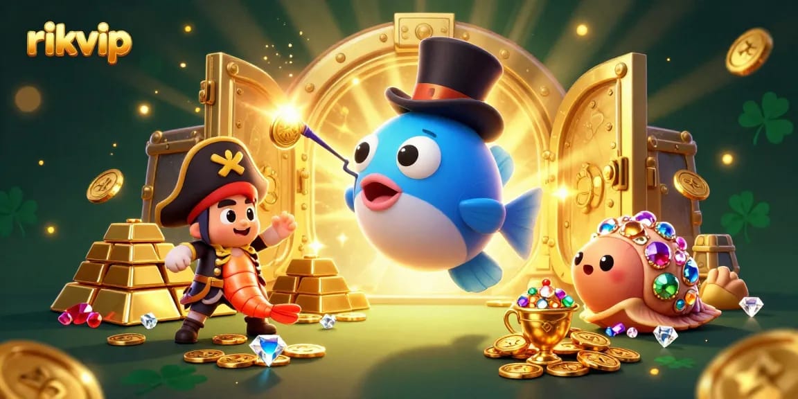 Experience thrilling wins with rikvip while playing alongside a dazzling anglerfish and treasure-filled characters.