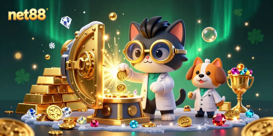 Engage with net88's thrilling online casino as our mad scientist cat and dog unveil a treasure vault!