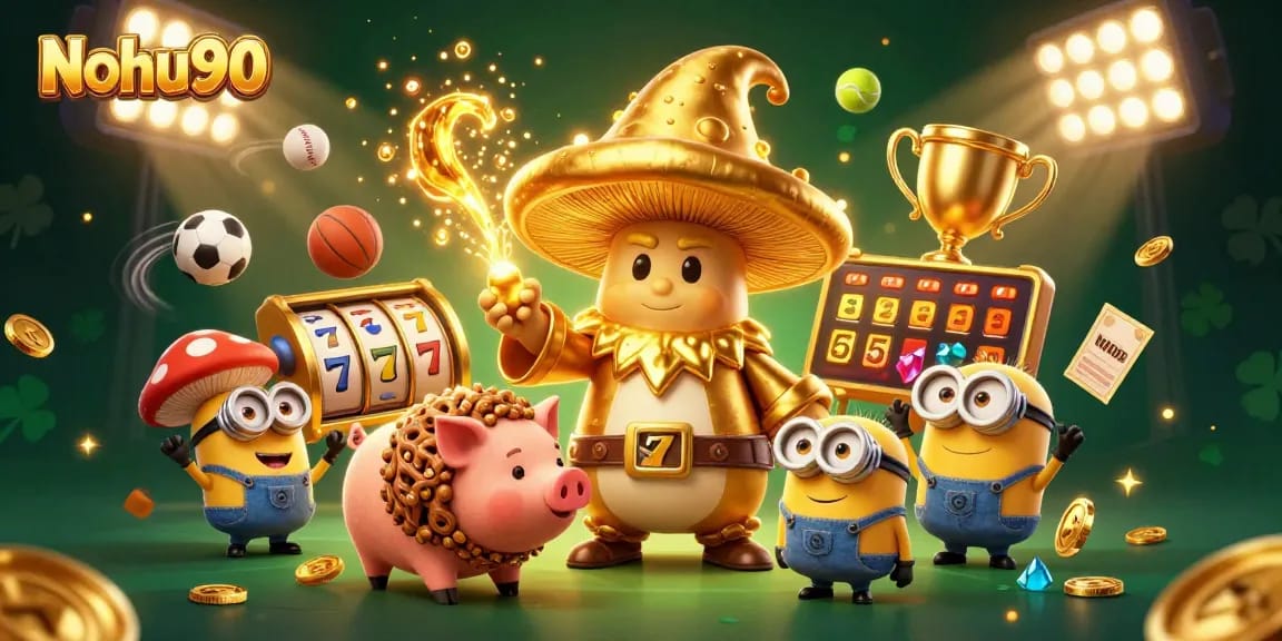 Nohu90 showcases an extravagant 3D slot gaming scene with magical elements and sports excitement, creating a vibrant atmosphere