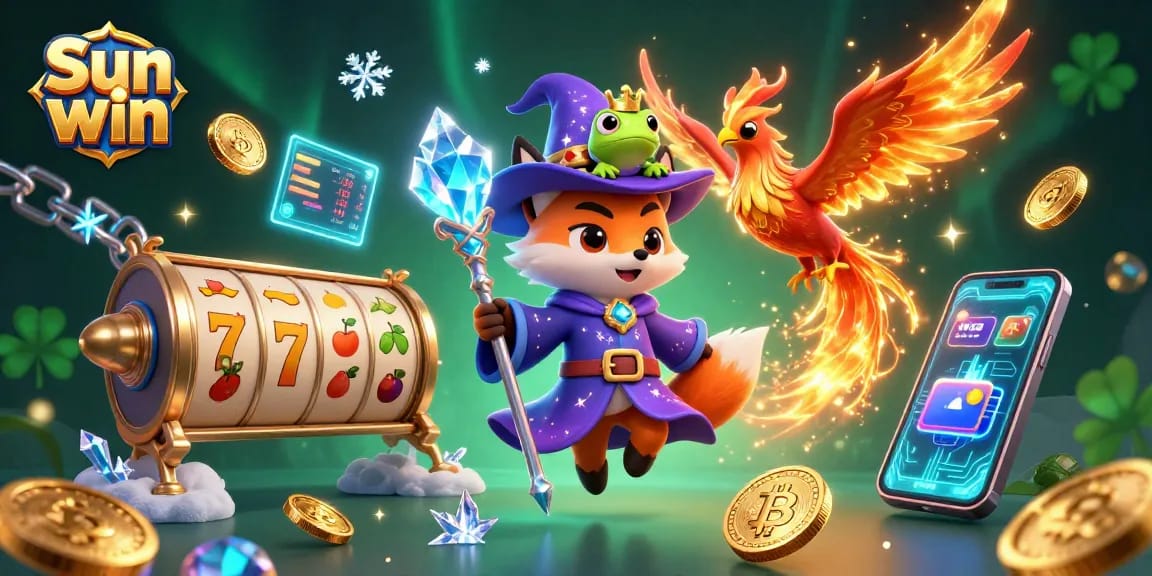 Engage in the thrilling world of Sun win with this vibrant 3D illustration featuring a wizard fox and gaming elements.