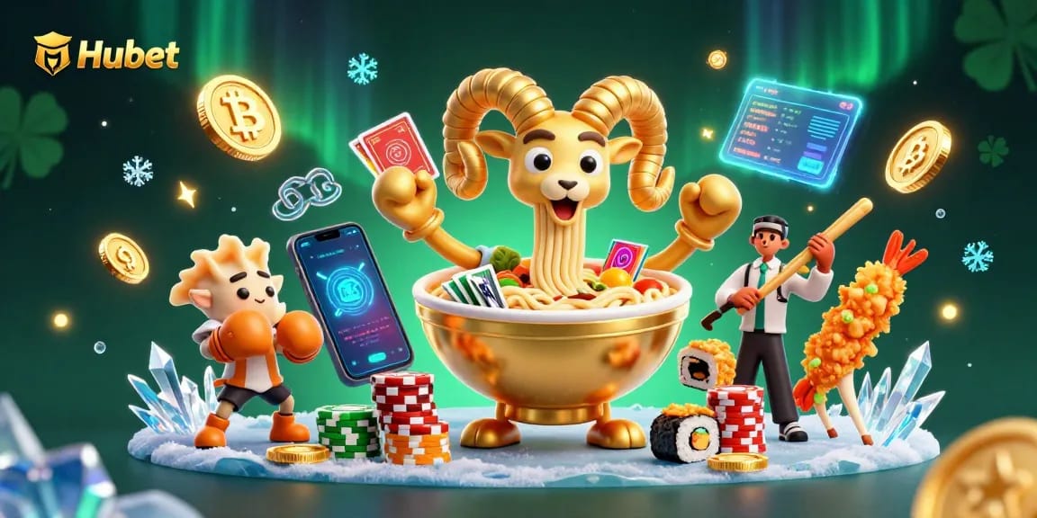 Experience the thrill of gaming with Hubet's vibrant casino characters in an exciting 3D scene.