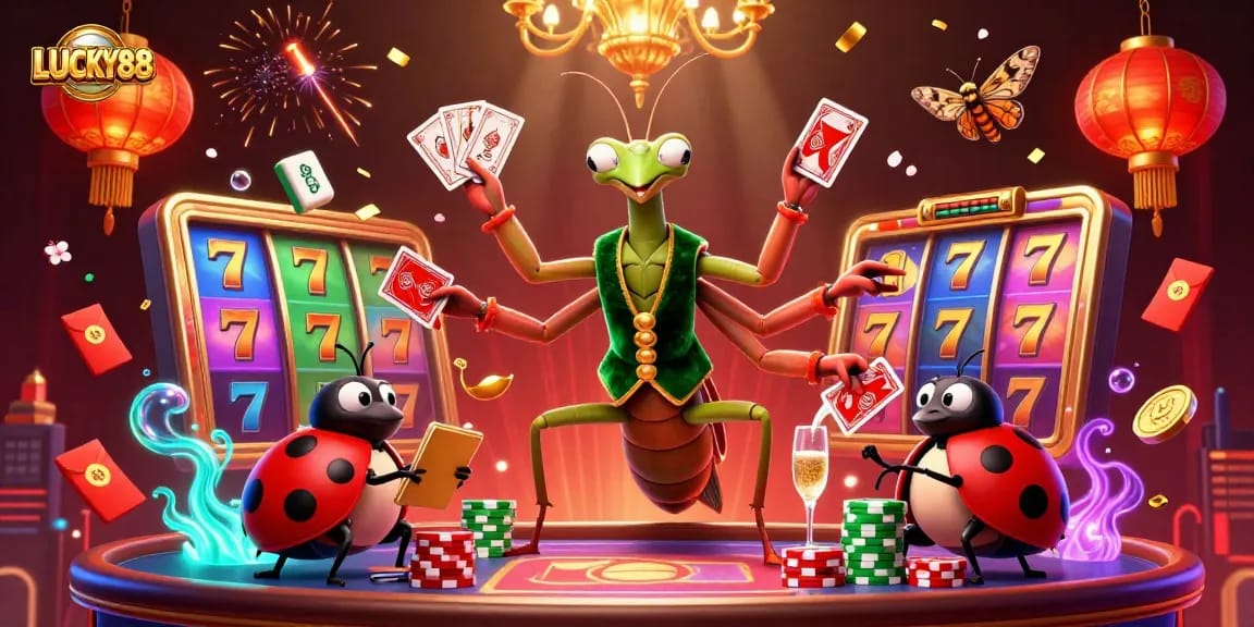 Experience the thrill at LUCKY88 with vibrant slot reels and a dynamic casino scene.