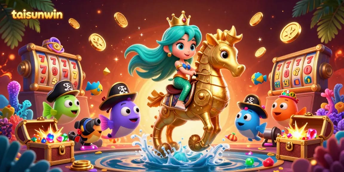 Engage in the thrilling taisunwin experience with vibrant mermaids and fortune-filled treasures in a vibrant casino scene.