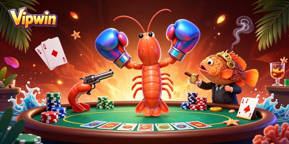 Engage in exciting poker action with Vipwin's memorable characters amid a vibrant casino scene.