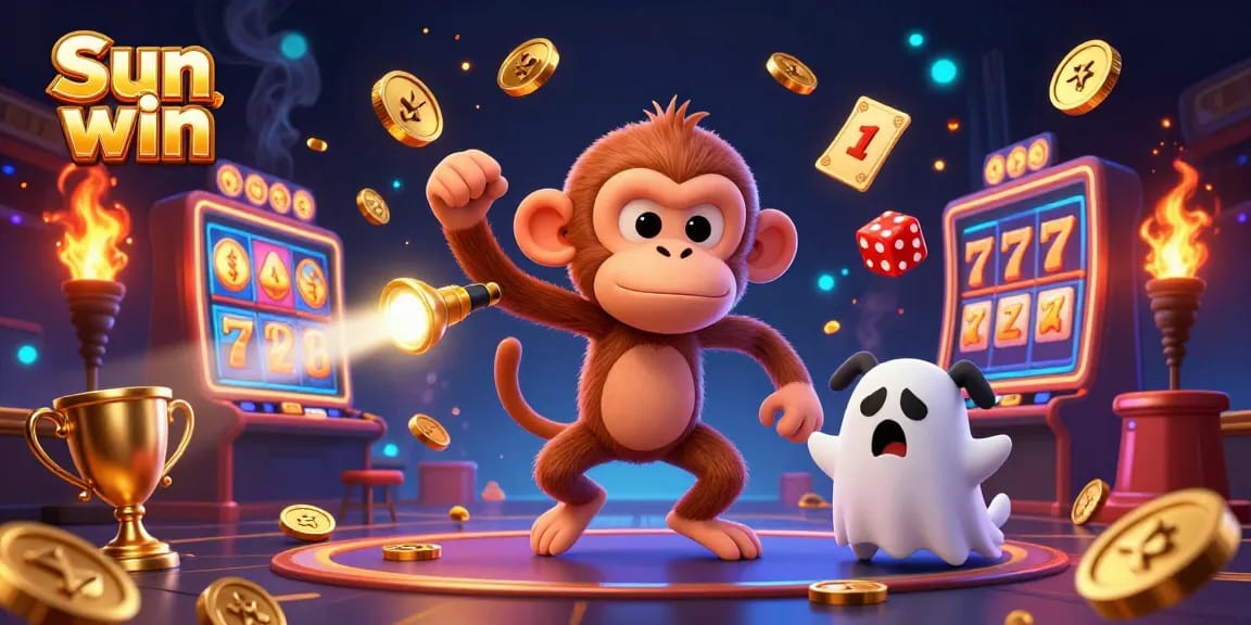 Experience excitement with Sun win in this vibrant online casino scene featuring a playful monkey juggling golden objects and a curious puppy.