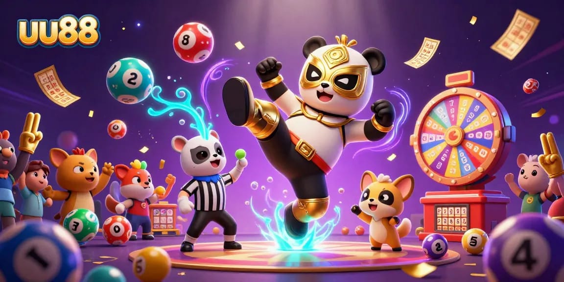 Experience the excitement with uu88 as a panda wrestler and chihuahua referee in a vibrant casino scene.