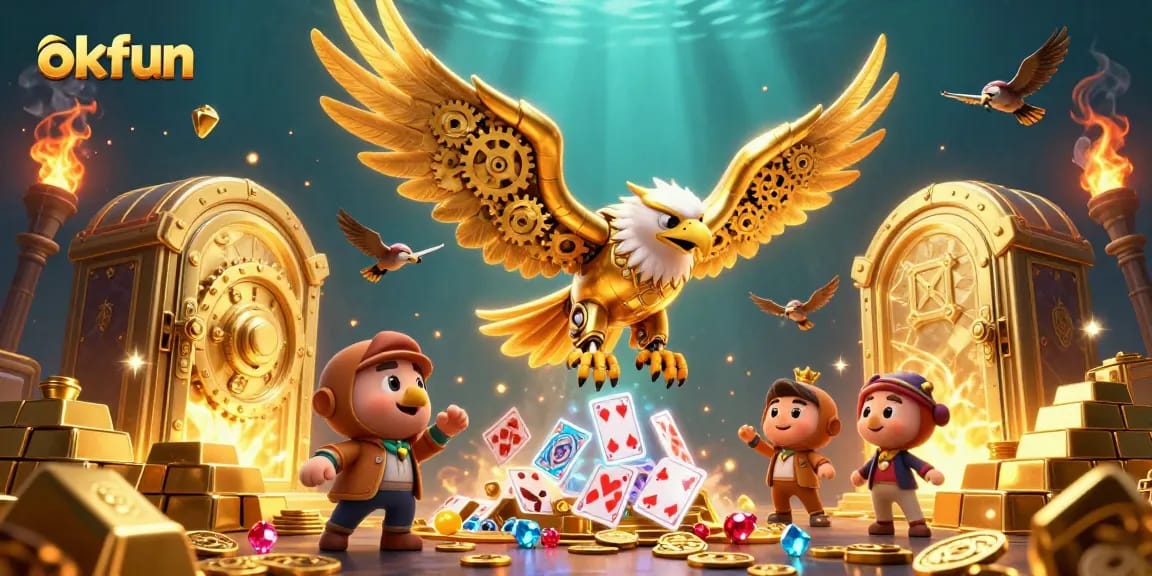 Experience the excitement of okfun with a cybernetic eagle diving through holographic cards amidst treasures