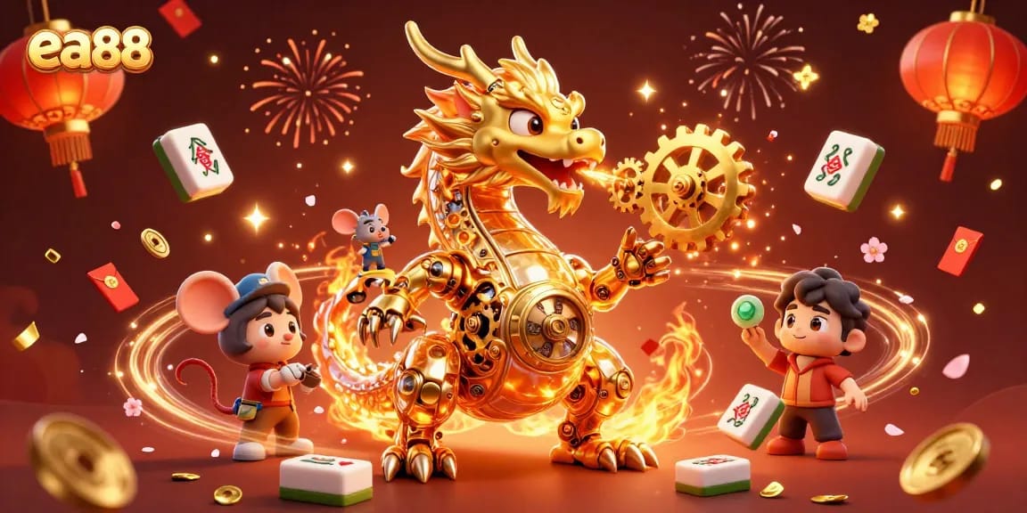 Engage with the exhilarating world of ea88 casino, showcasing a golden dragon and festive gaming elements.