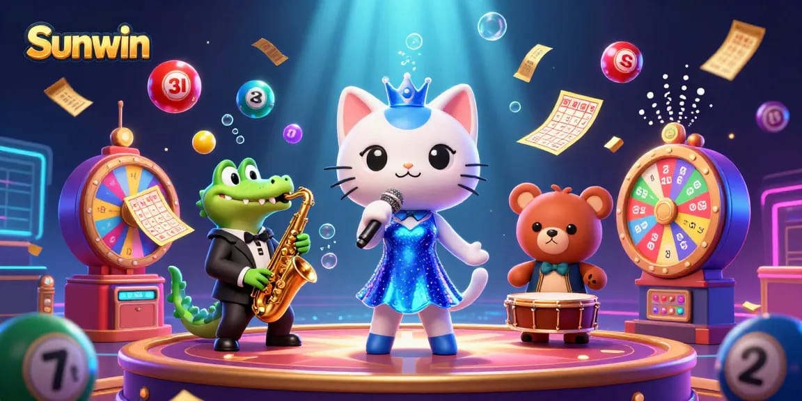 Sunwin's vibrant casino scene featuring a jazz-singer cat and animated game elements amidst a lively backdrop.