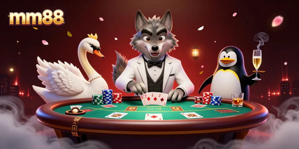 Join the mm88 baccarat excitement with a debonair wolf and elegant characters in a bustling casino scene.