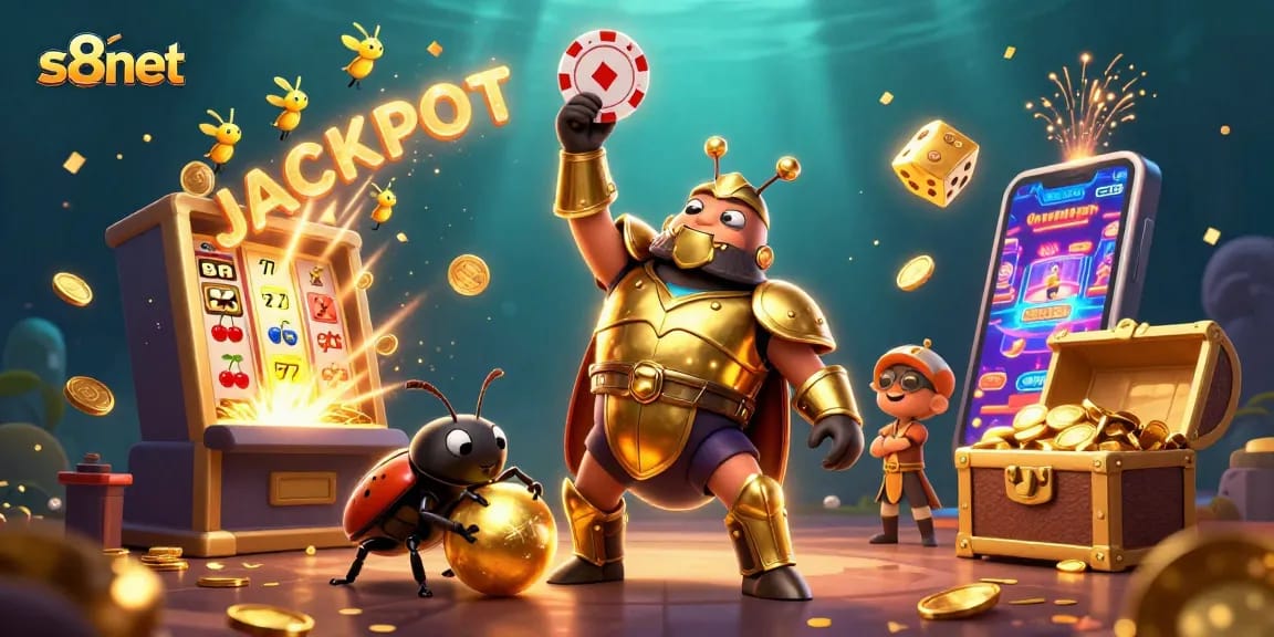 Experience the thrill of winning on s8net with a 3D beetle victoriously lifting a poker chip amidst a vibrant casino scene.