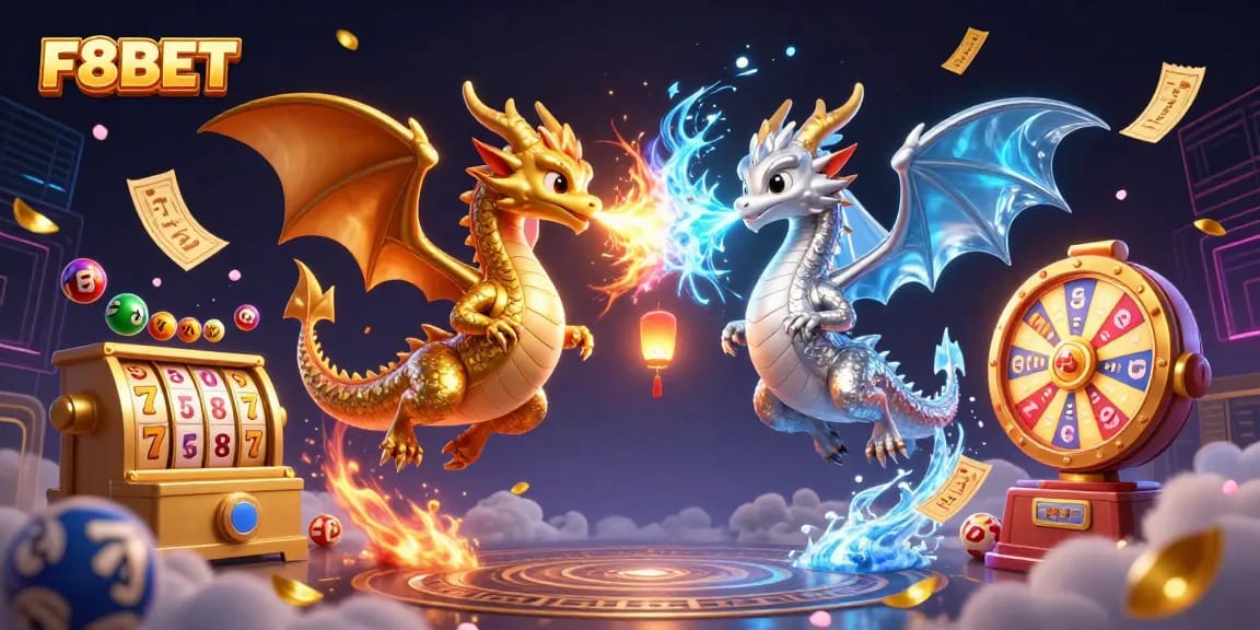 Experience excitement at F8BET with a vibrant 3D casino scene featuring dragons and slot reels.