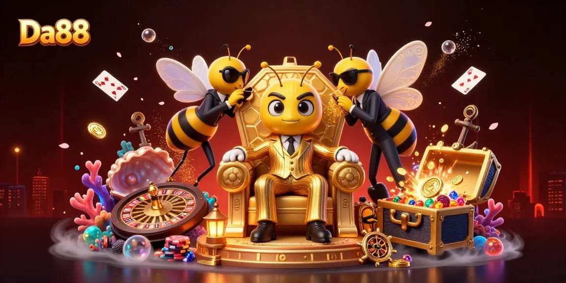 Experience Da88's immersive casino realm with a dynamic bumblebee mob boss and roulette action.