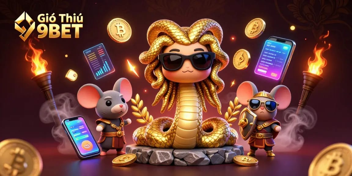 Experience Giới Thiệu 9BET through an engaging 3D illustration of gambling dynamics with mythological characters.