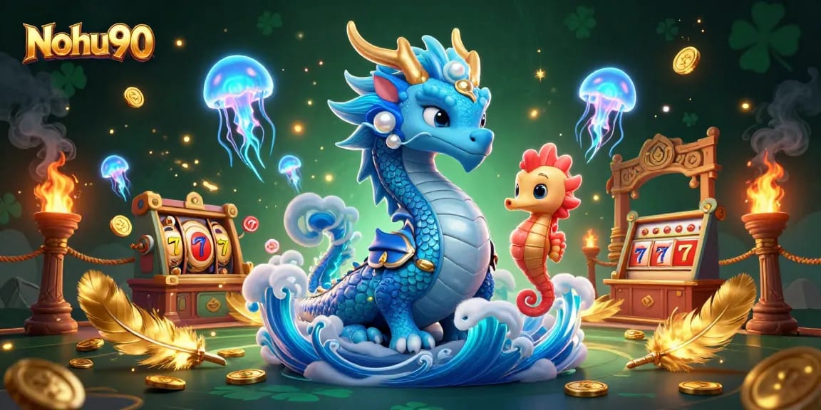 Nohu90 showcases a vibrant 3D scene of a water dragon and lively seahorse knight amid dynamic slot elements, enhancing the gaming atmosphere.