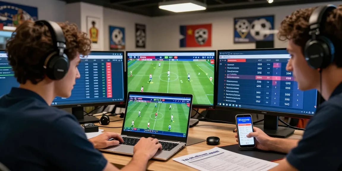 Taruhan Mix Parlay Bola88 scene with energetic bettor analyzing live odds and matches on multiple screens, capturing the thrill of sports betting.