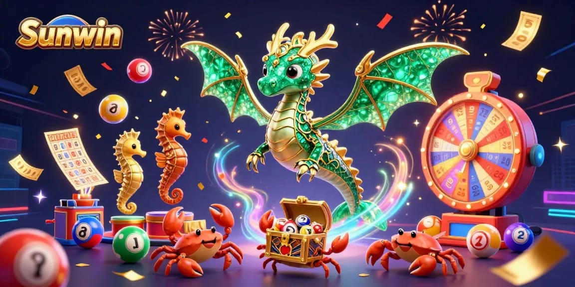 Experience the thrilling world of Sunwin casino with vibrant lottery elements and a magical sea dragon.