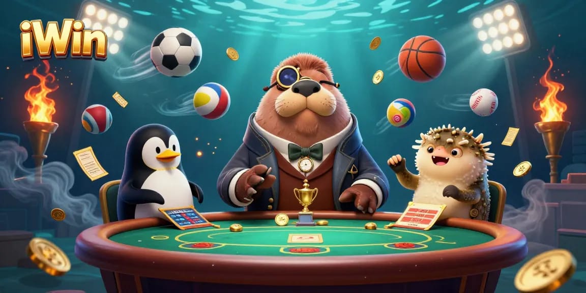 iWin captivates players at an underwater poker table with dynamic sports elements in a fun illustration.