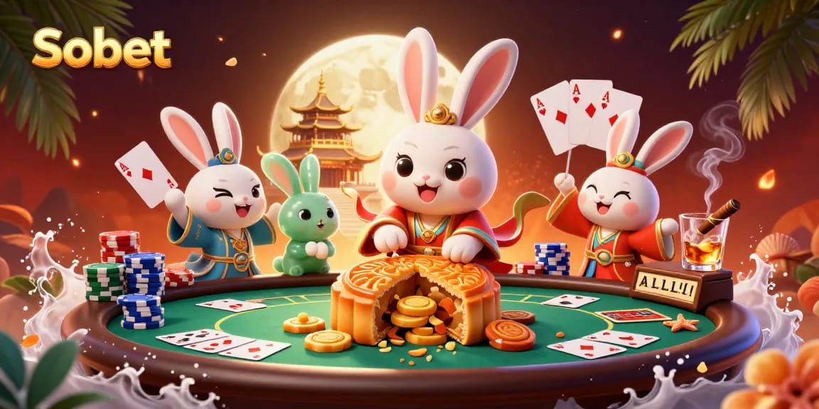 Sbobet sports betting action illustration with cartoon moon rabbit, poker chips, and dynamic game elements.